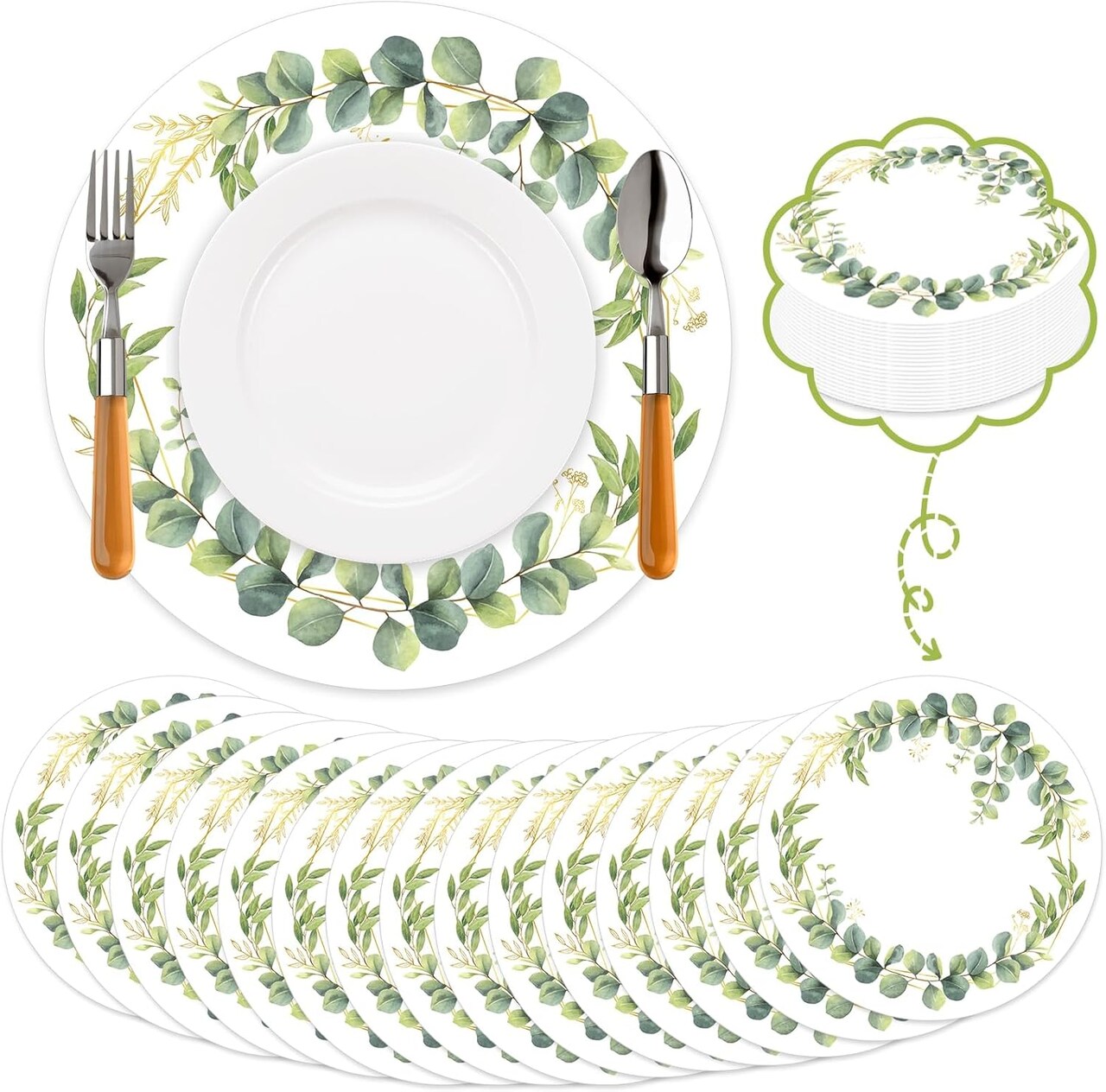 60Pcs Disposable Eucalyptus Leaves Place Mats Spring Summer Greenery Round Paper Table Mats Sage Green Eucalyptus Leaves Party Dining Table Decorations for Home Kitchen Baby Shower Wedding